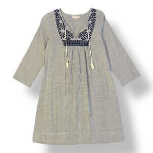 Pink Chicken Blue and White Mini Dress with navy embroidery